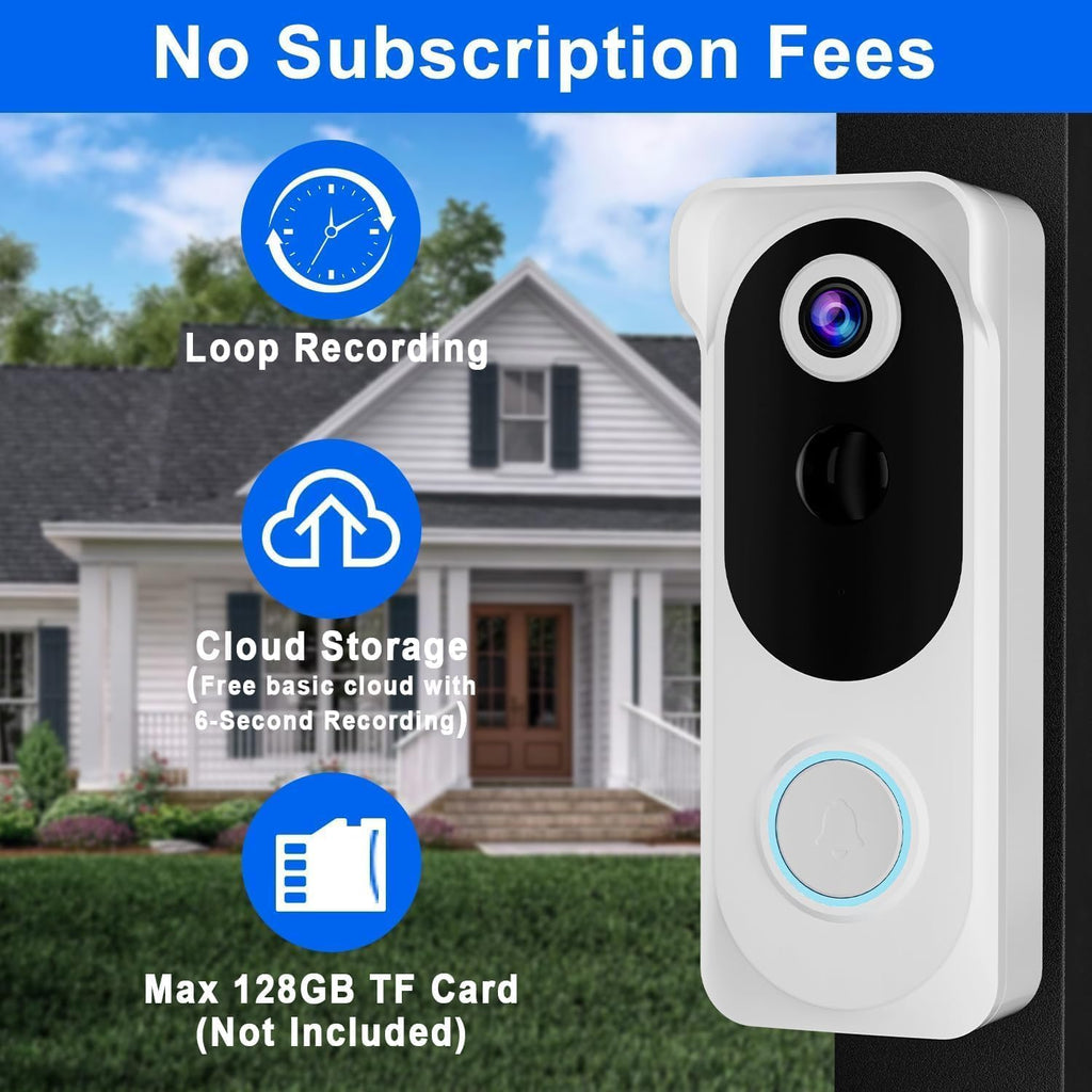 Wireless Video Doorbell with Chime 2K HD No Subscription Security Doorbell Camera PIR Motion Detection Night Vision 2-Way Audio Battery Powered Local/Cloud Storage Works with Alexa and Google