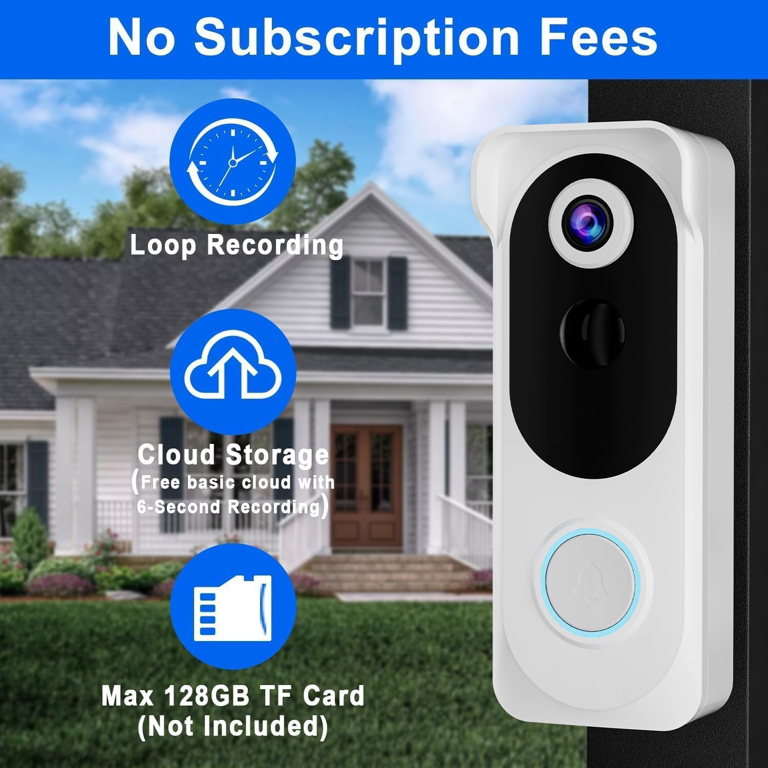 Wireless Video Doorbell with Chime 2K HD No Subscription Security Doorbell Camera PIR Motion Detection Night Vision 2-Way Audio Battery Powered Local/Cloud Storage Works with Alexa and Google