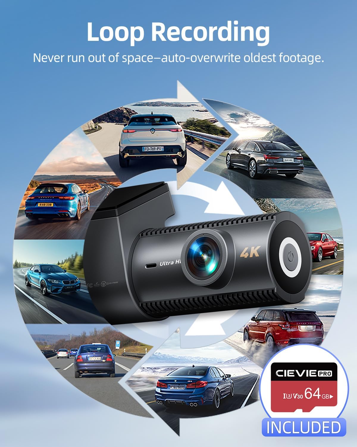 CIEVIE 4K + 1080P Car Front Rear Dash Cam with 64GB SD Card, 5GHz WiFi Dash Cam with 3.8 cm IPS Display, 170° Wide Angle, G-Sensor, WDR Night Vision, Loop Recording, App Control, Supports 256 GB Max