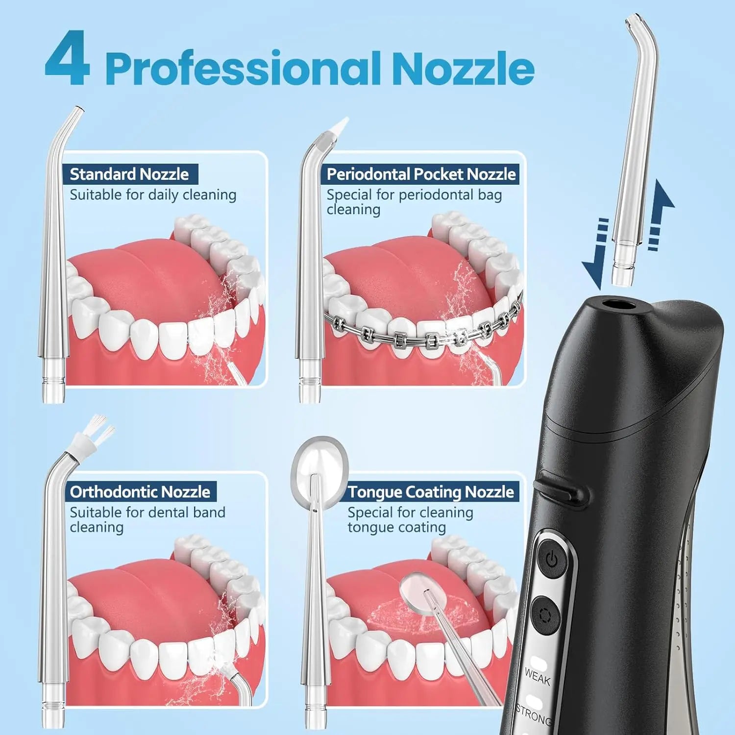 Black oral irrigator with 4 interchangeable nozzles for braces and tongue cleaning