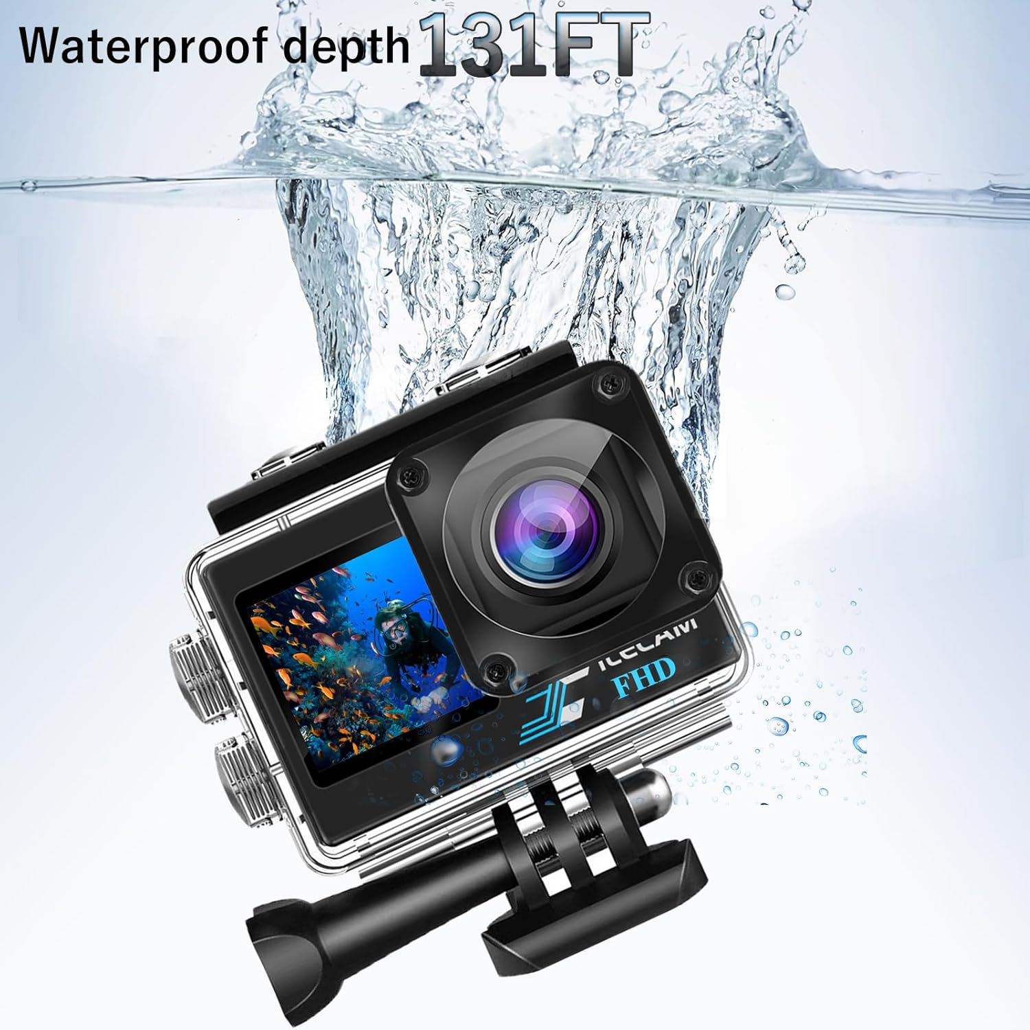 Dual Screen Action Cam 1080P 32GB Map Waterproof Camera, 4x Zoom, 131ft (40m), Waterproof Underwater Camera with 2 x 1050mAh Battery and Multifunctional Accessories
