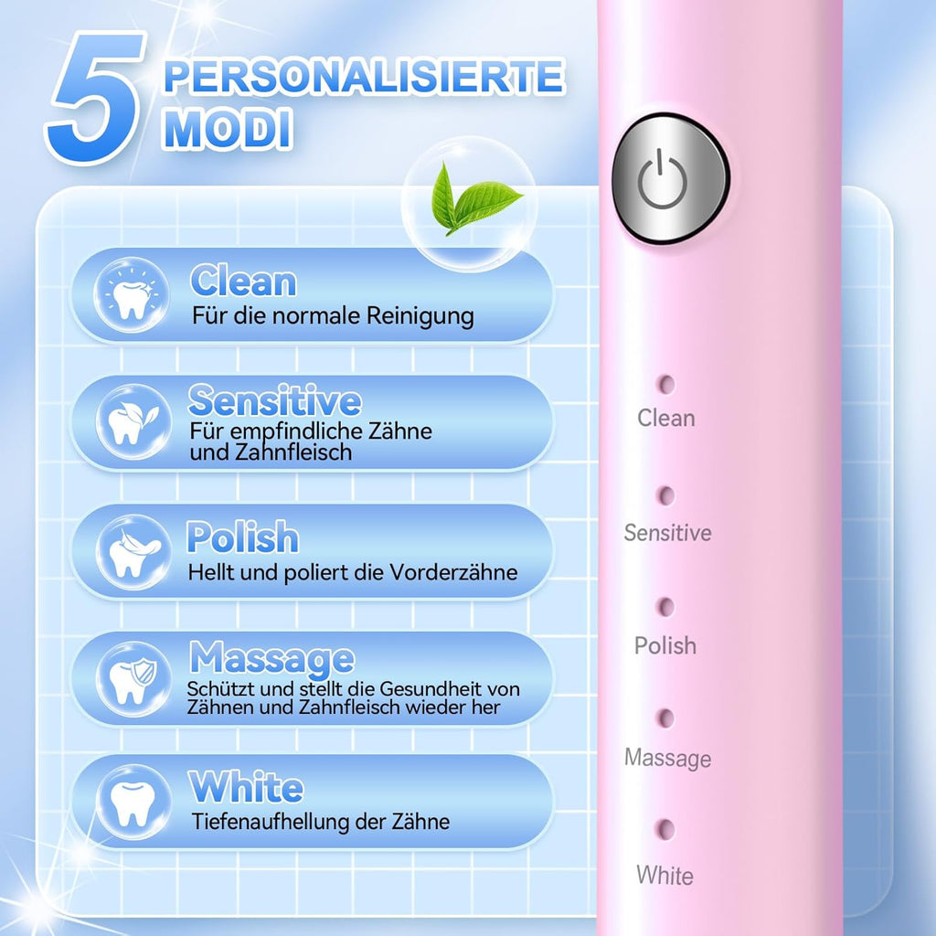 JTF Electric Toothbrush, Sonic Toothbrush with 8 Brush Heads, 5 Modes & Smart Memory, 2 Minute Timer, IPX7 Waterproof, Rechargeability, Quick Charge 3H, Adults (Pink)