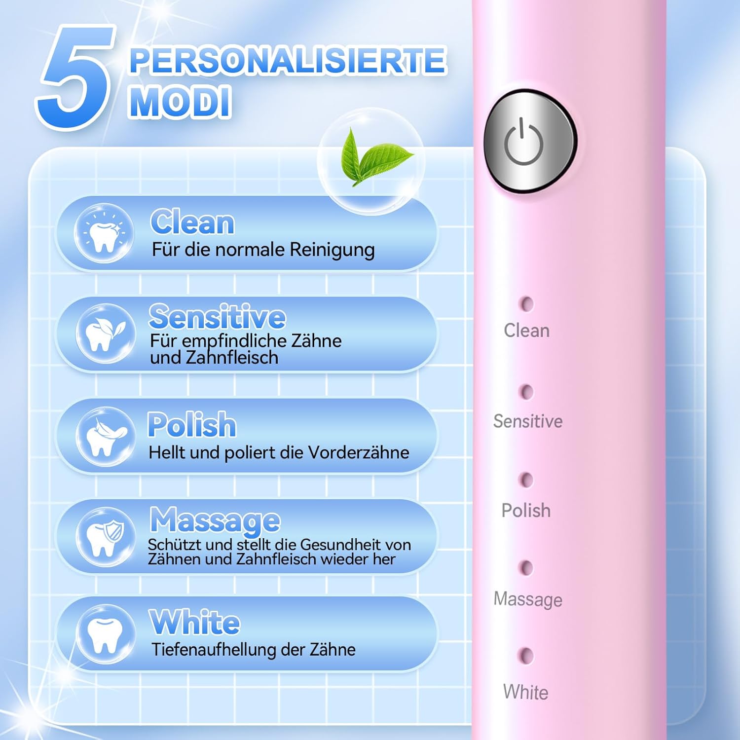 JTF Electric Toothbrush, Sonic Toothbrush with 8 Brush Heads, 5 Modes & Smart Memory, 2 Minute Timer, IPX7 Waterproof, Rechargeability, Quick Charge 3H, Adults (Pink)