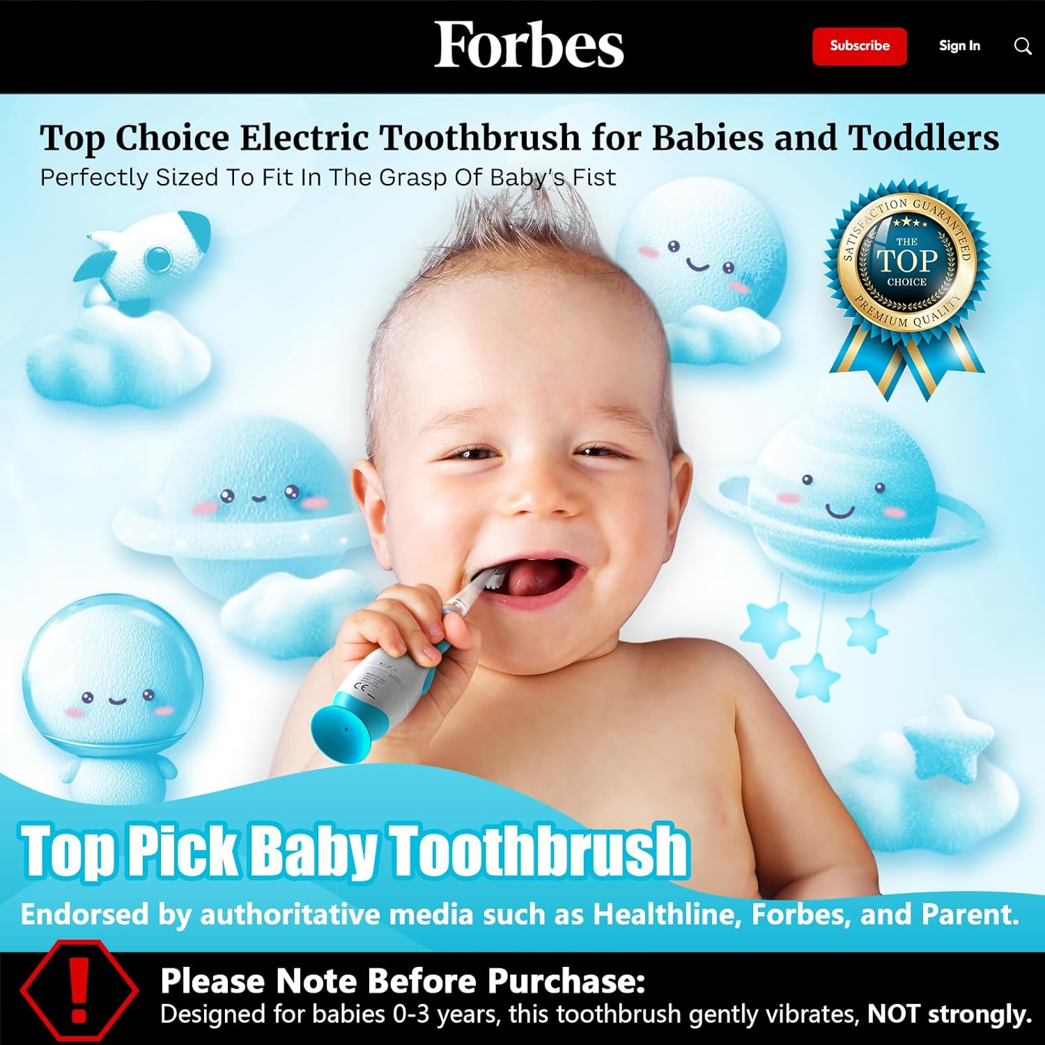 Electric Toothbrush Children's Baby Toothbrush Children's Toothbrush Electric from 1 2 3 Years with LED Light Integrated Timer 90% Rounded Bristles Baby Toothbrush for Toddlers (Blue Astronauts)