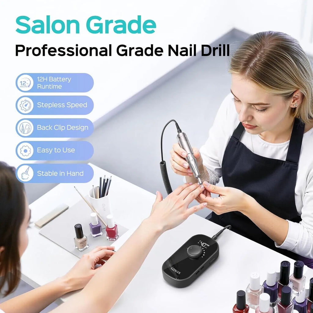 COSLUS Professional Electric Nail Drill：35000RPM, Portable Rechargeable Electric File with Bits & Base for Acrylic Nails Manicure Gel Polishing(Black)