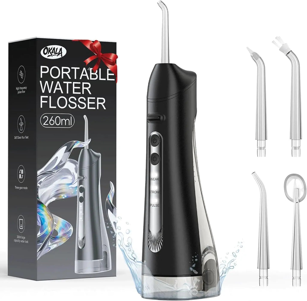 Black portable water flosser with retail box and 4 replaceable jet tips included
