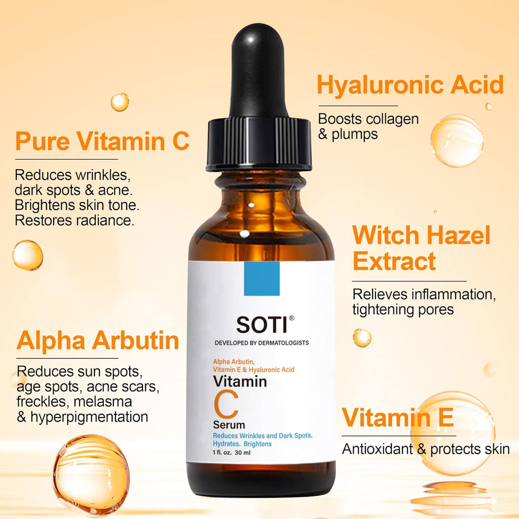 Vitamin C Face Serum 20%, Fades Dark Spots, Brightens Skin Tone, Restores Radiance, Anti-aging, Wrinkles & Acne with Hyaluronic Acid, Alpha Arbutin and Vitamin E 30ml Soti (Vitamin C)