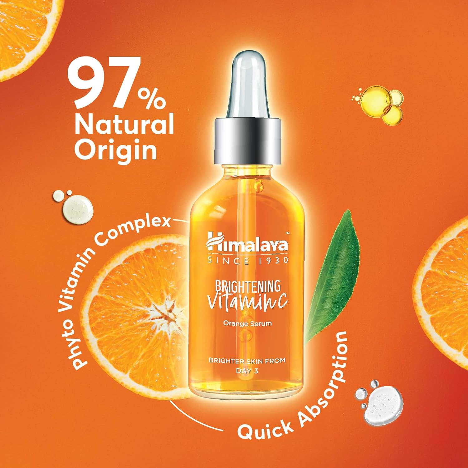 Himalaya Since 1930 Brightening Vitamin C Orange Serum with Hyaluronic Acid & Niacinamide - 30ml | Dark Spot Correction, Antioxidant Glow & Hydration