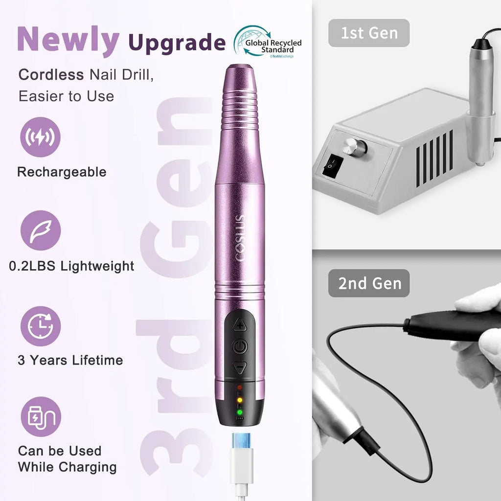 Lightweight rechargeable cordless nail drill with USB-C charging
