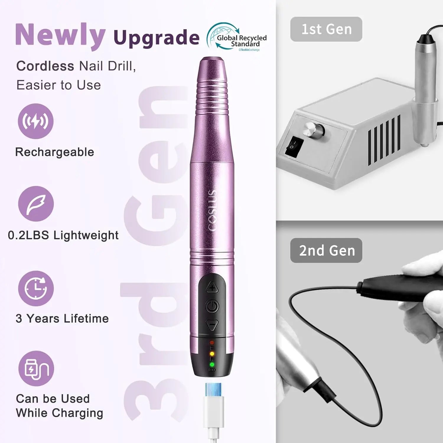 Lightweight rechargeable cordless nail drill with USB-C charging