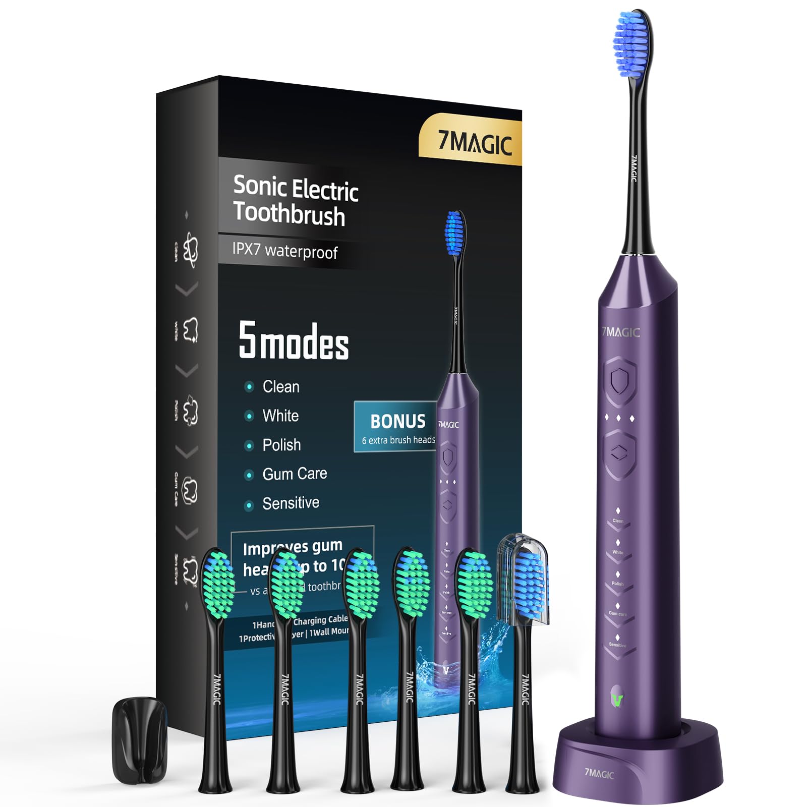 7MAGIC Electric Toothbrush, Sonic, 6 Modes, 3 Intensity, 40000VPM, IPX7, 90 Day Battery, Timer, Blue