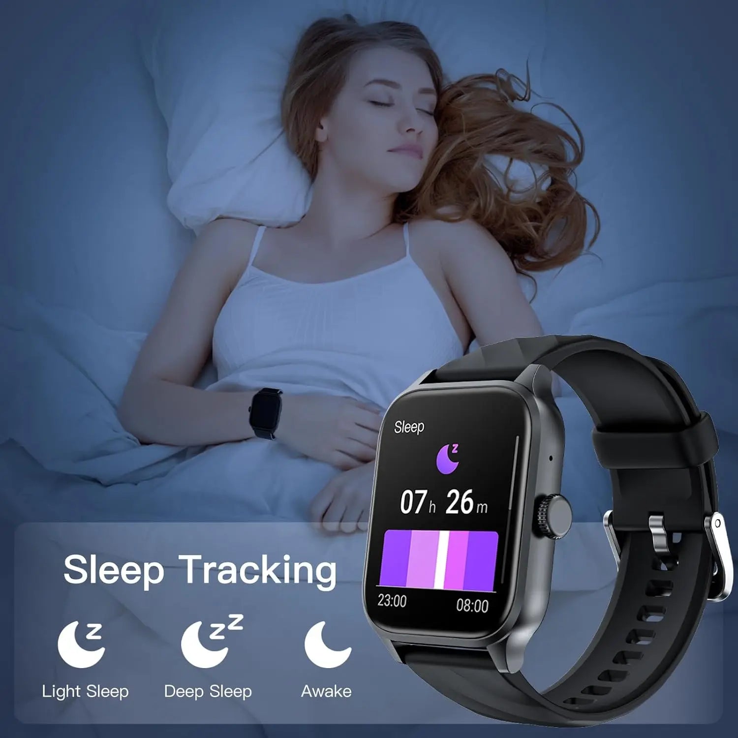 Black smartwatch monitoring sleep stages and duration during rest