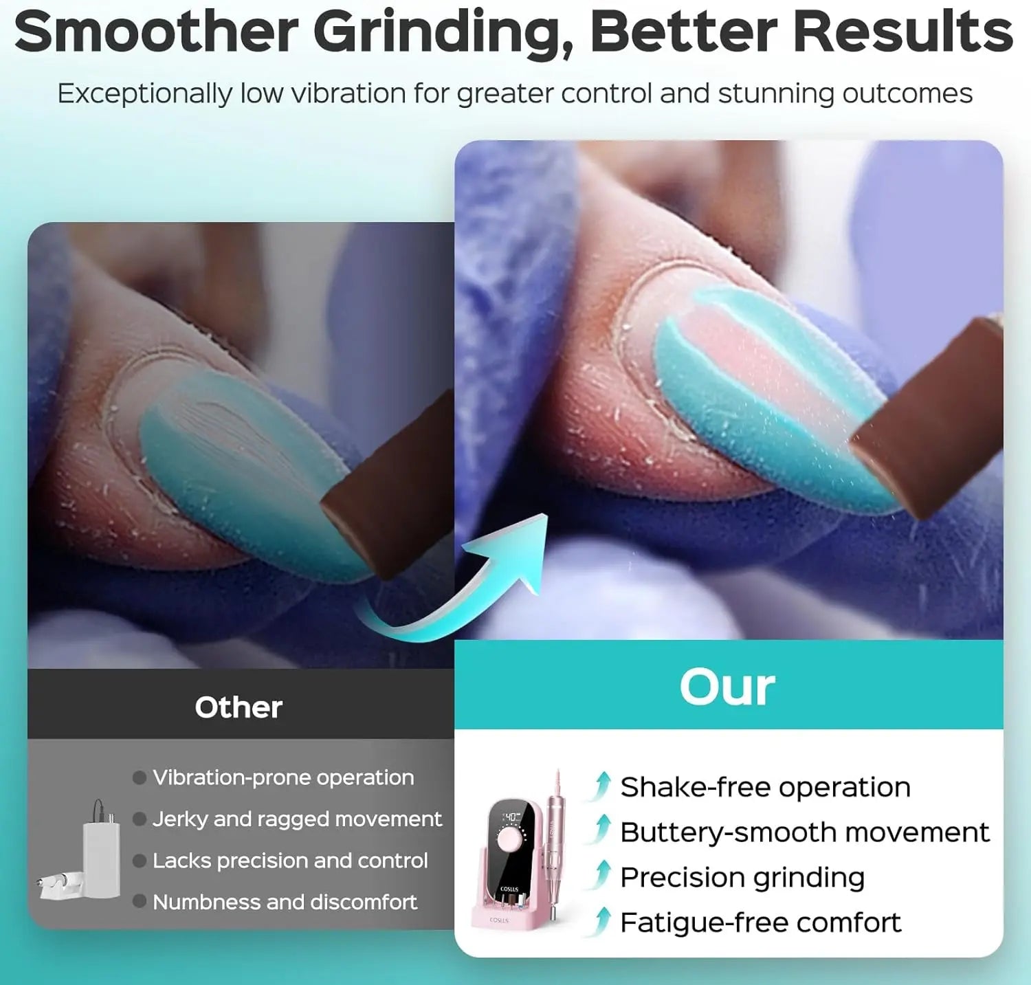 Smooth shake-free COSLUS nail drill providing precision grinding and fatigue-free comfort