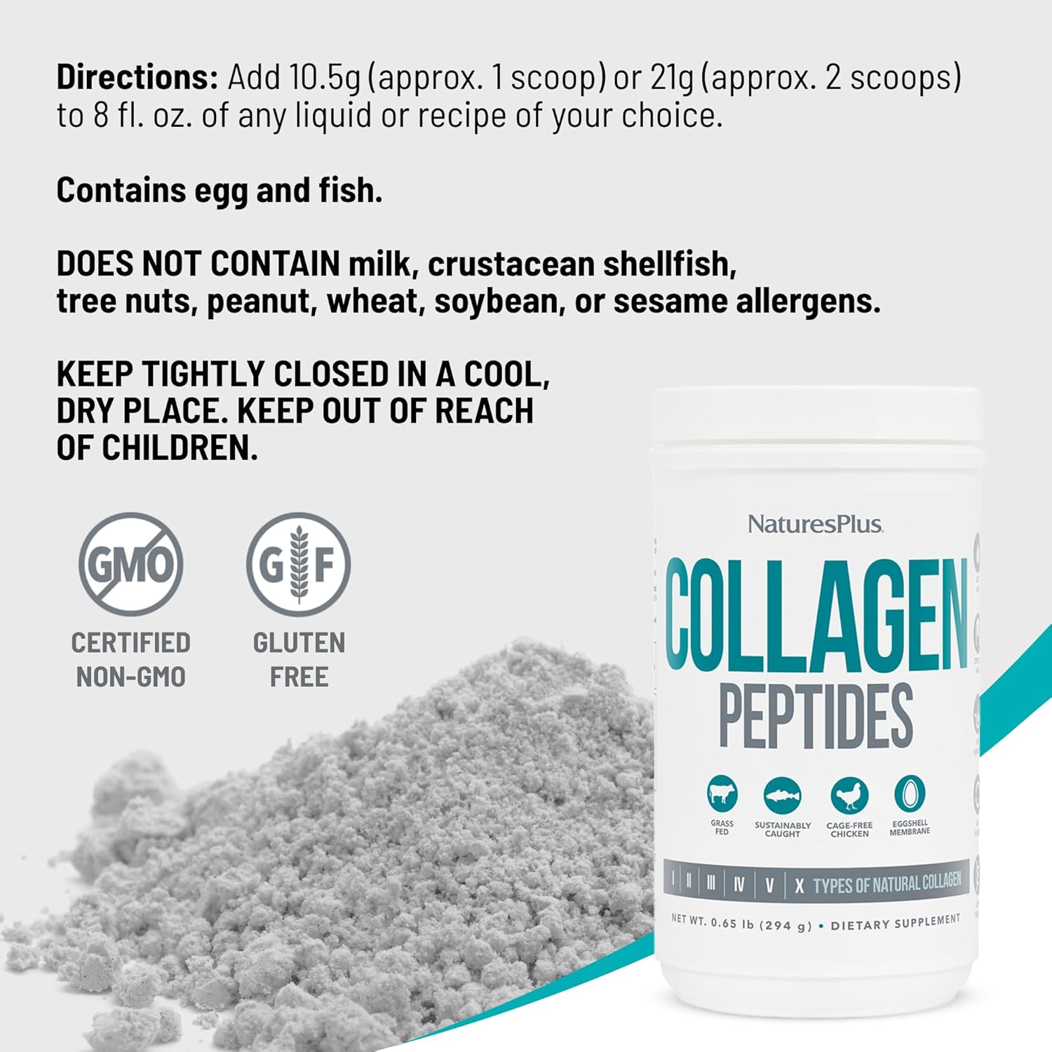 Nature's Plus Collagen Peptides 294 Grams, Contains I, II, III, IV, V & X Type Collagen - For Hair Growth, Soft Skin, Strong Nail, Gut Health, Joint & Muscles Relief