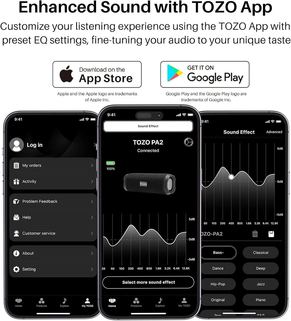 TOZO app interface displaying 16 EQ modes and device connection status