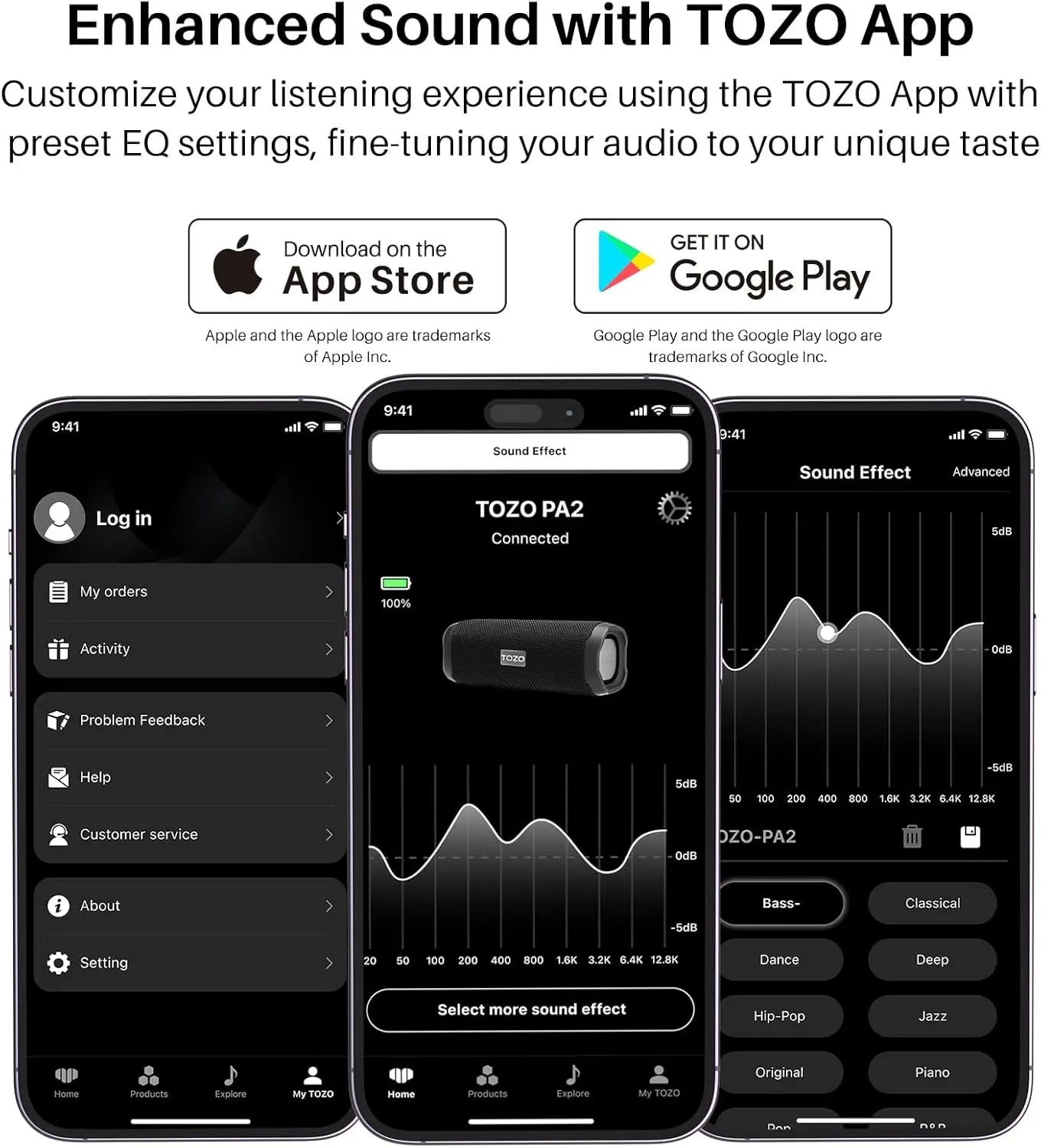 TOZO app interface displaying 16 EQ modes and device connection status