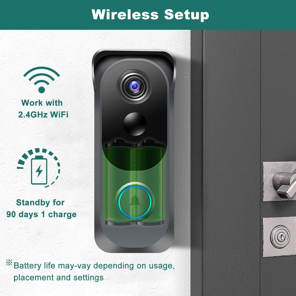 Wireless Video Doorbell Camera with Chime, Voice Changer/Message, PIR Motion Detection, Instant Alerts, 2-Way Audio, 1080P HD, Night Vision, 2.4G WiFi, IP66, Battery Powered, Works with Alexa