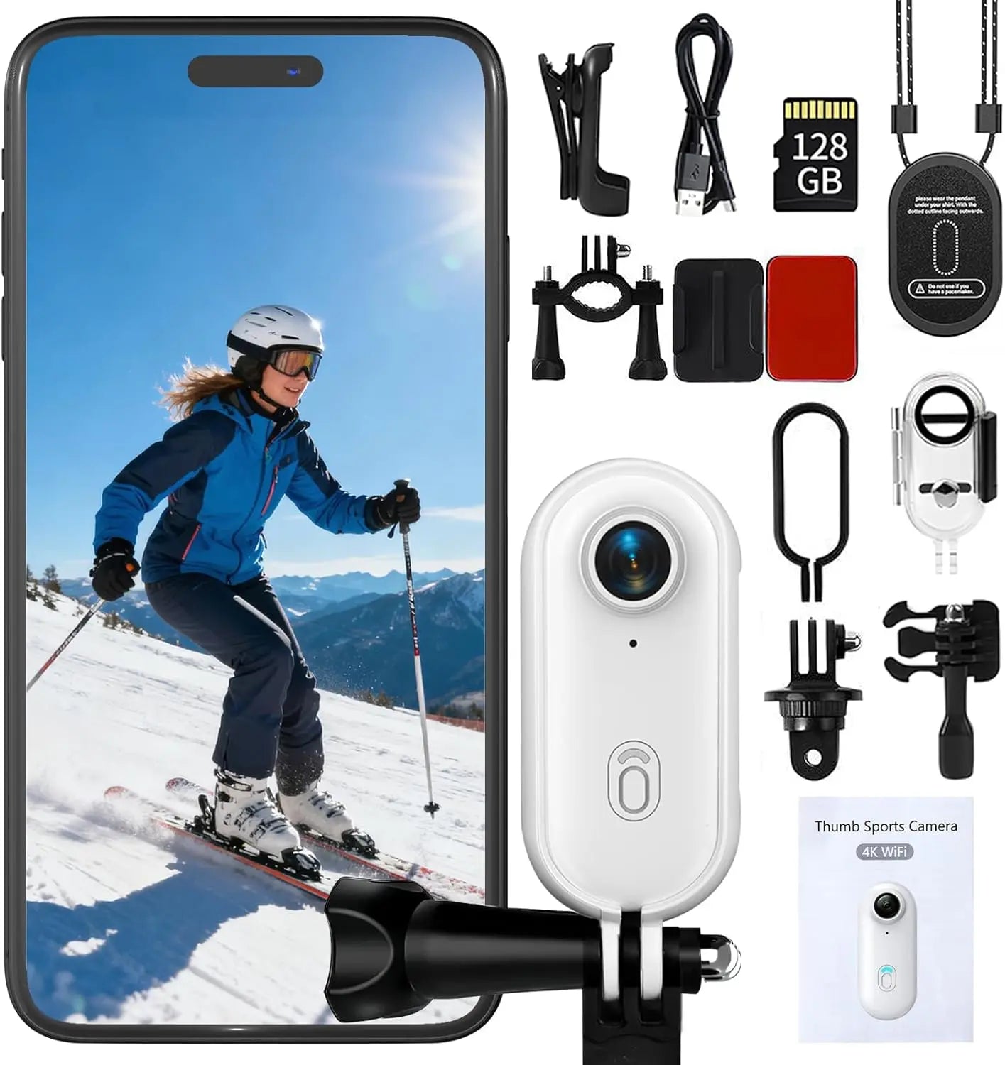 4K Thumb Action Camera | 128G Sports Camera for POV Photoshooting: Waterproof Sports Camera The Size of a Thumb Suitable for Running Cycling Swimming Hiking Adventure Etc (White)