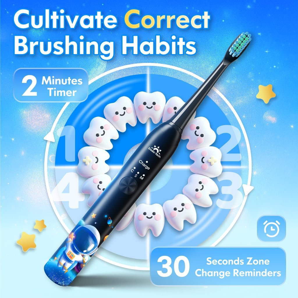 DADA-TECH Kids Electric Toothbrush Rechargeable, Soft Unicorn Tooth Brush with Timer Powered by Sonic Technology for Children Boys and Girls Age 3+, Waterproof and 3 Modes (Astronaut Black)