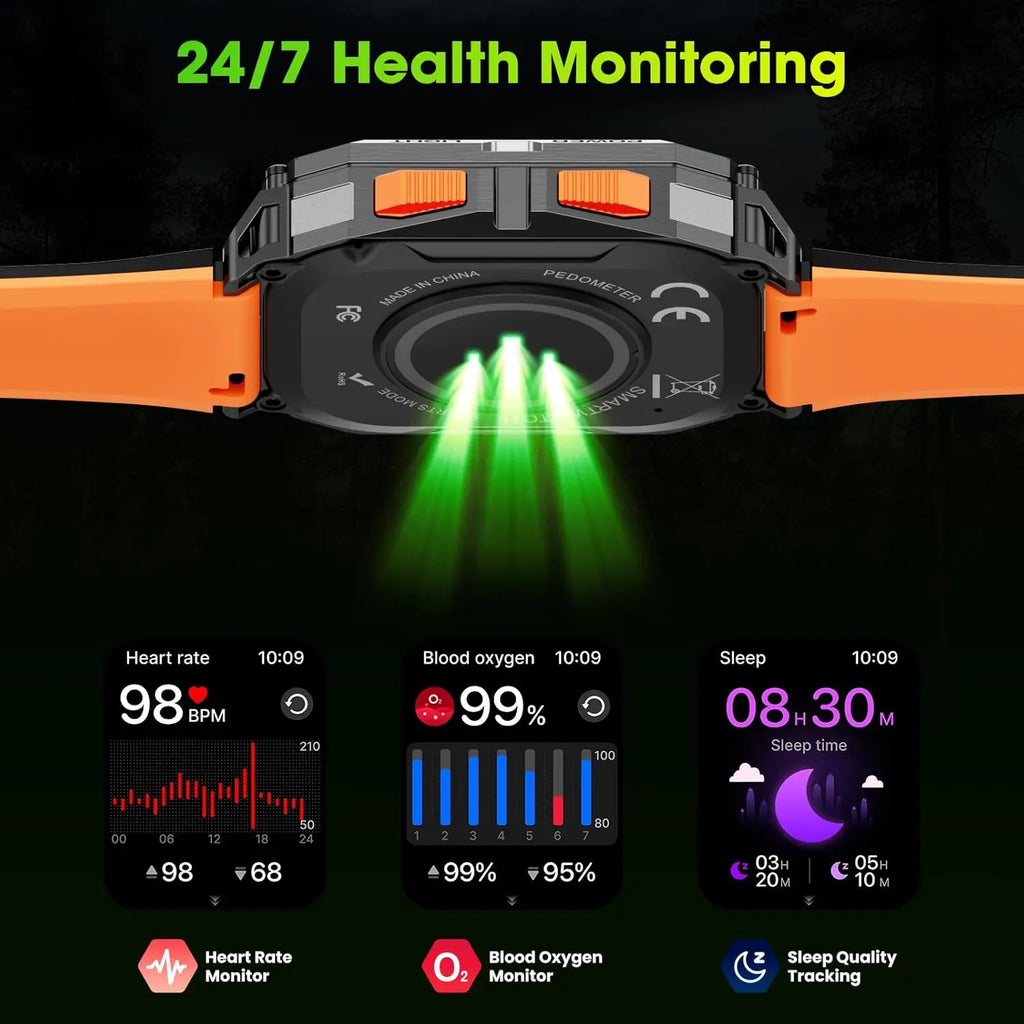 Military Smart Watch for Men, 2.01" HD Fitness Tracker with 100-Day Battery, Bluetooth Call,IP68 Waterproof, Heart Rate/Sleep/SpO2/Stress Monitor, 120+ Sports Modes for Android and iPhone