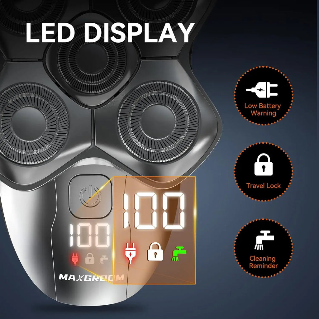 MAXGROOM 5D Floating Head Bald Head Shaver – Precision Grooming, Waterproof, LED Display, Travel Lock, High-Powered Motor. Unlock The Perfect Shave