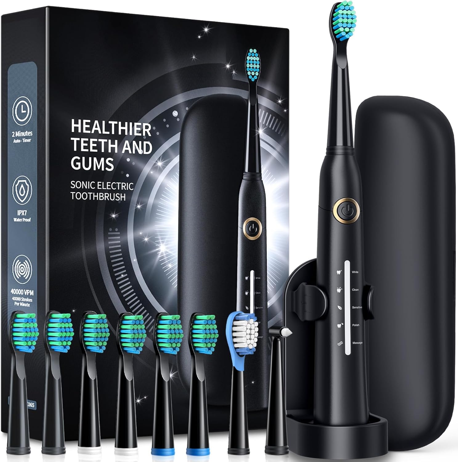 Adult Electric Toothbrush with Travel Case, Electric Toothbrush with 8 Brush Heads, 40,000 VPM Deep Cleaning, 5 Modes, Rechargeable Toothbrushes