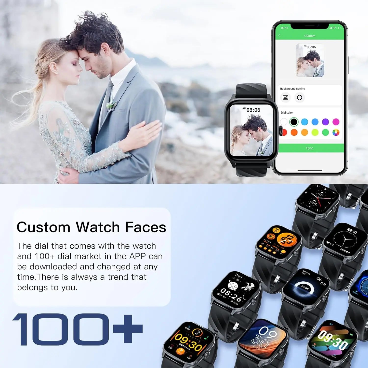 Black smartwatch with customizable watch faces and photo display