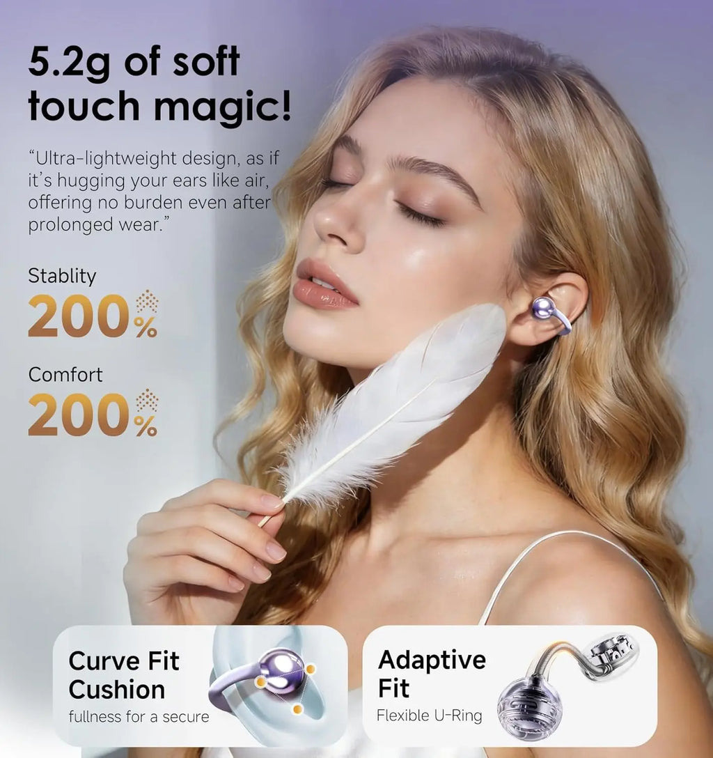 King Lucky Clip on Earbuds Open Ear Wireless Bluetooth 5.4 Headphones with Mic,50H Playtime,Noise Cancelling,Waterproof,Sports Ear Buds,Comfortable for Small Ears & Glasses Wearers,for Workouts,Purple