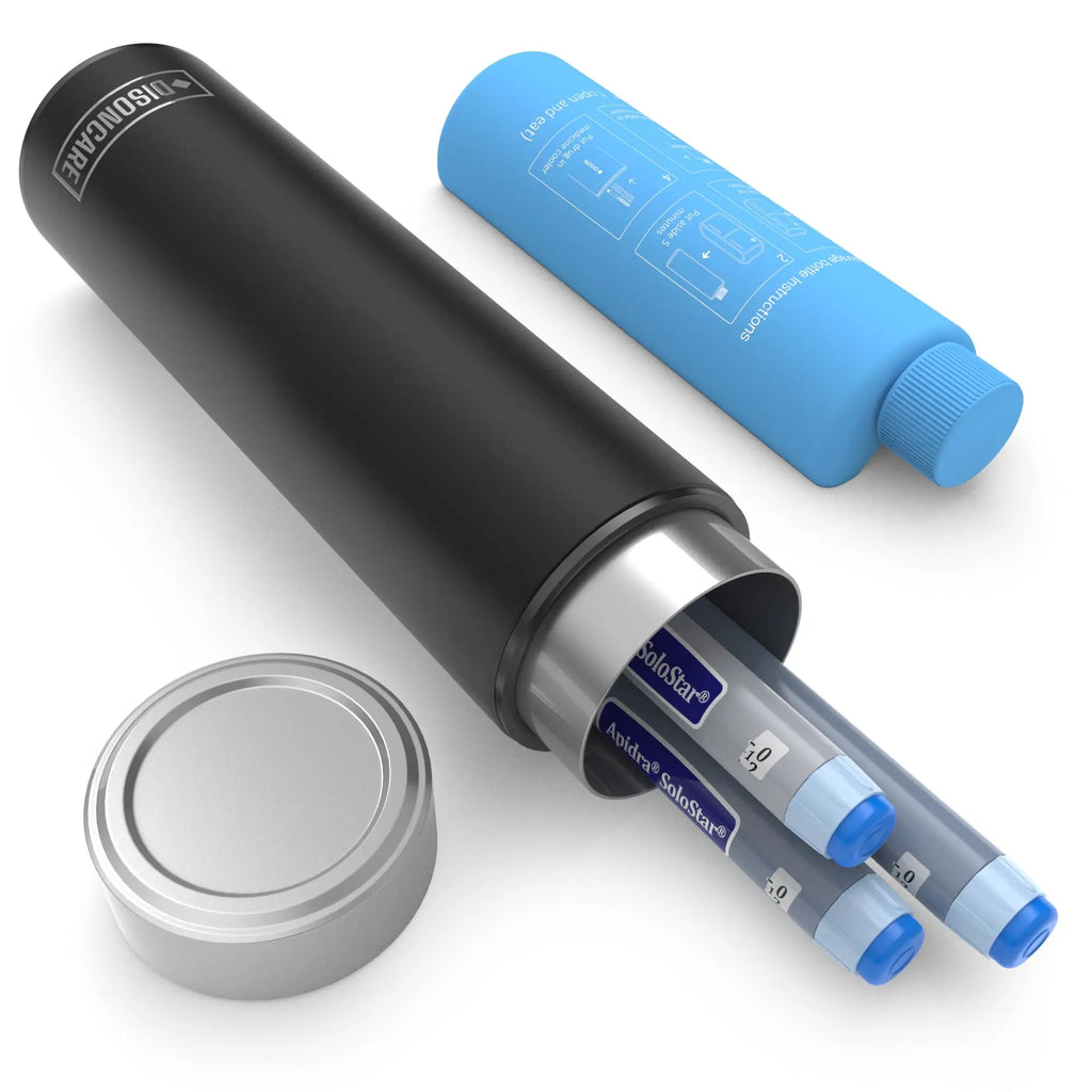 Open DISONCARE black matte travel case holding three Anidra SoloStar insulin pens with blue caps
