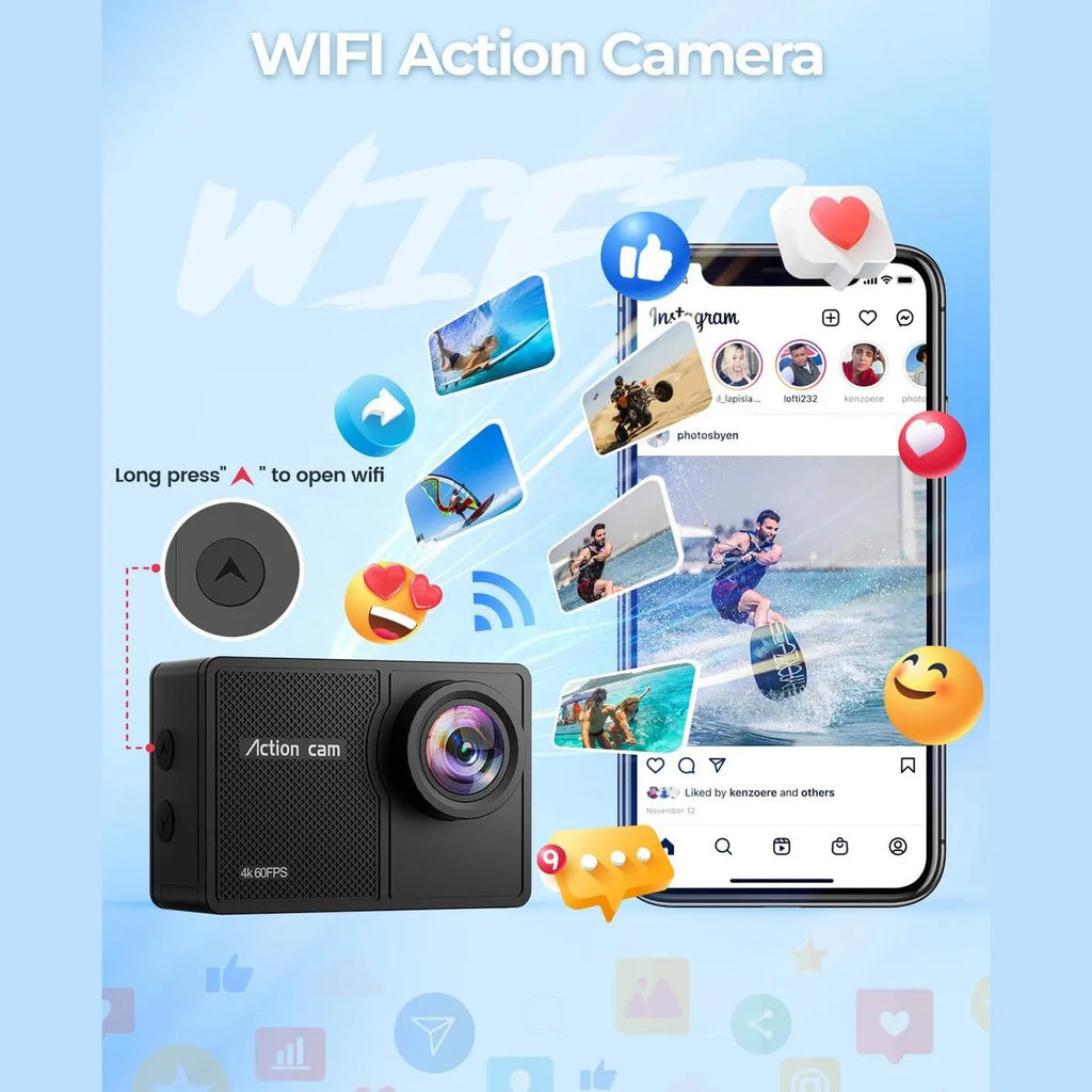 TIMNUT WiFi action camera with smartphone app interface and social media sharing icons