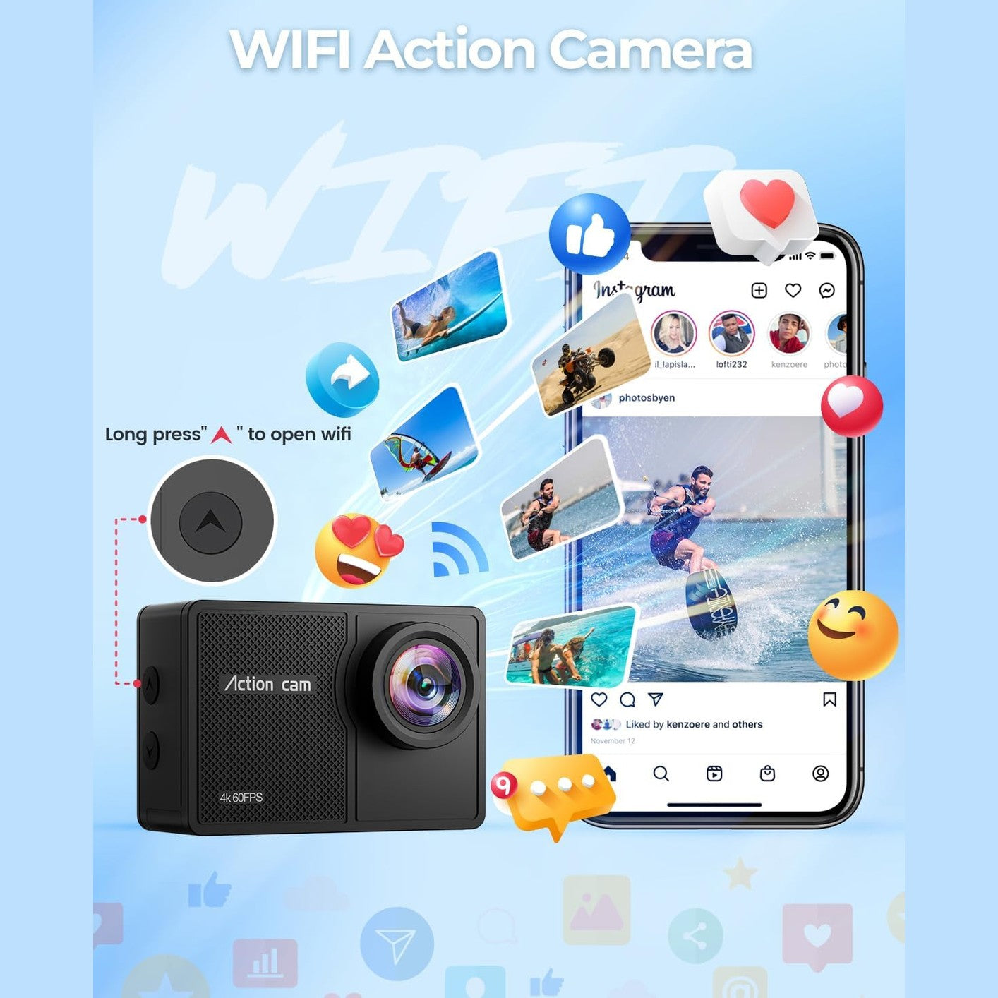 TIMNUT 4K 60FPS Action Camara - Waterproof Camera with 64G SD Card 48MP HD WIFI Camera with EIS 40M Underwater Camera Wide Angle Sports Camera with 2*1350 mAh Batteries Helmet Mount Accessories Kits