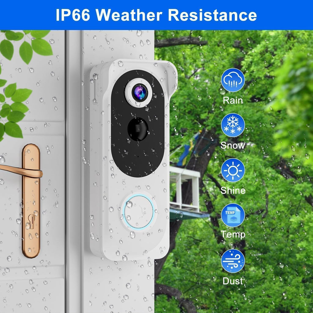 Wireless Video Doorbell with Chime 2K HD No Subscription Security Doorbell Camera PIR Motion Detection Night Vision 2-Way Audio Battery Powered Local/Cloud Storage Works with Alexa and Google