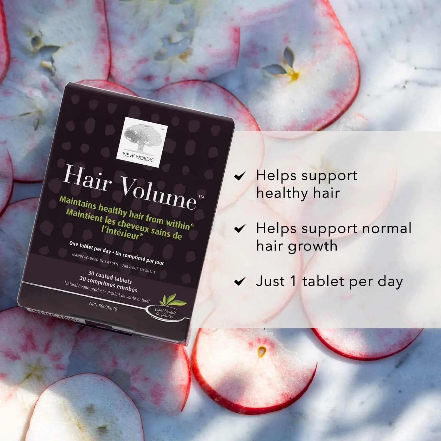 New Nordic Hair Volume Tablets, 3000 mcg Biotin & Biopectin Apple Extract, Hair Vitamins to Support Natural Hair Growth, 30 Count (Pack of 1)