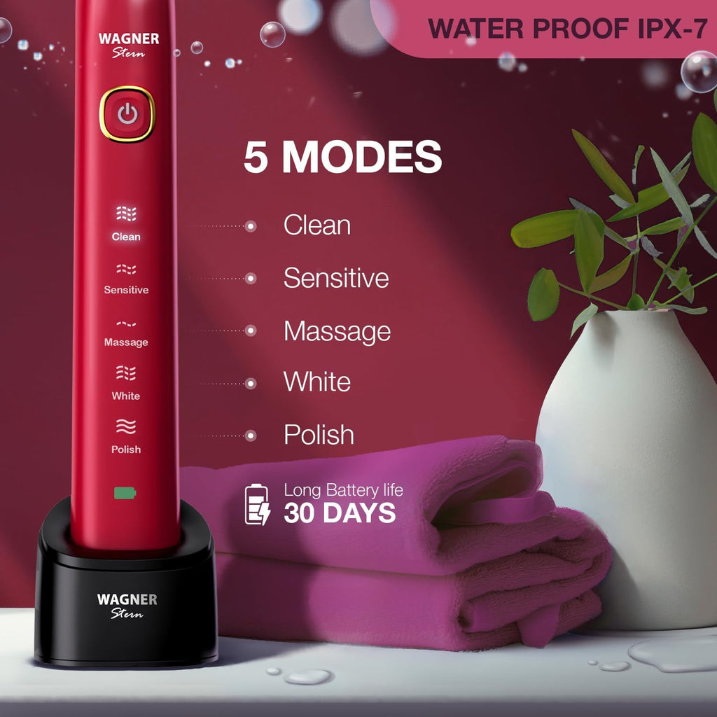 Wagner Stern The Ruby Red Edition ultrasonic whitening electric toothbrush features five brushing modes, eight soft brush heads, and a premium travel case.