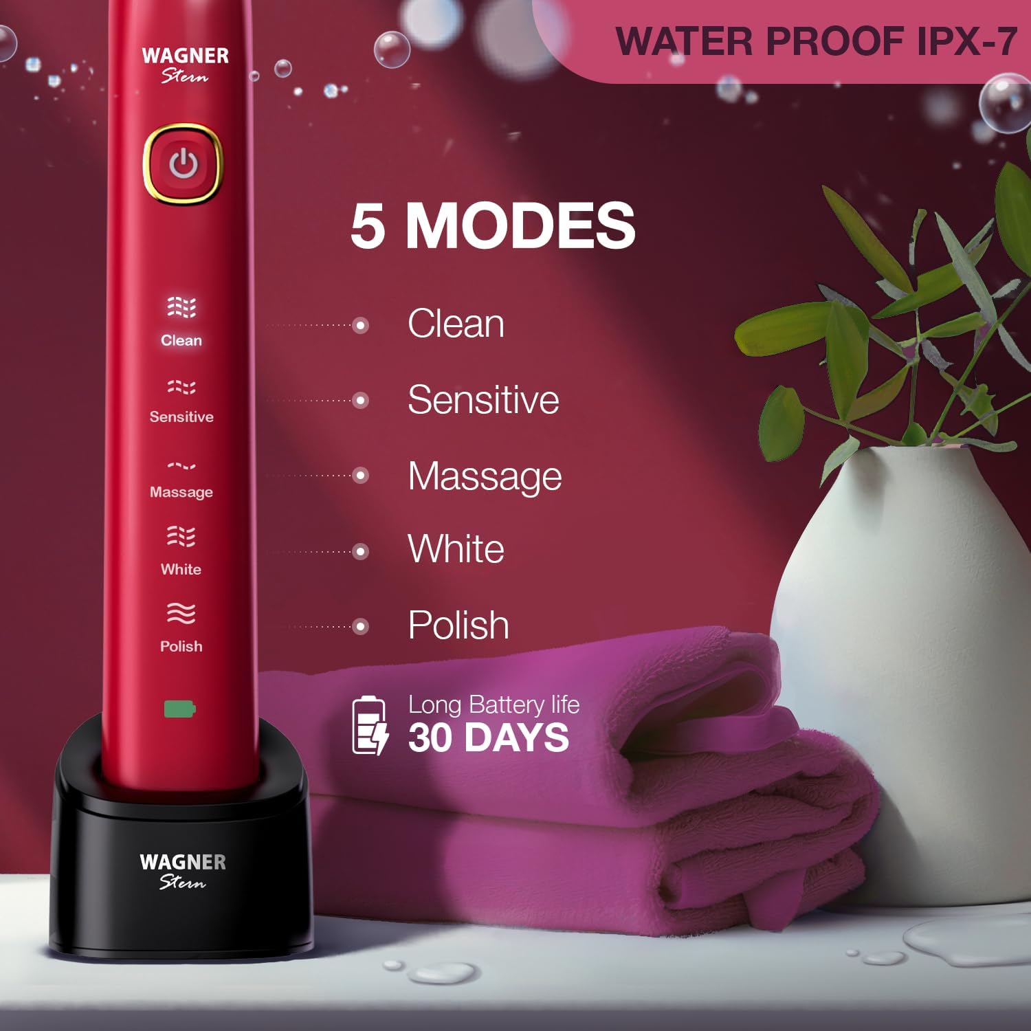 Wagner Stern The Ruby Red Edition ultrasonic whitening electric toothbrush features five brushing modes, eight soft brush heads, and a premium travel case.