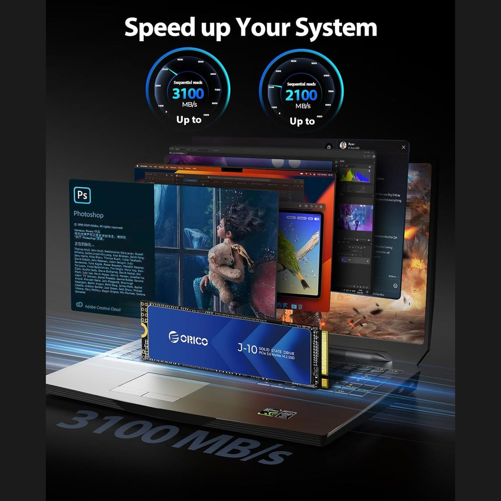 ORICO NVMe M.2 1T PCIe Gen3.0x4 2280, 3D NAND Internal SSD with Heatsink, up to 3100MB/s, Internal Solid State Drive for PC/Console Games and Video Editing-J10