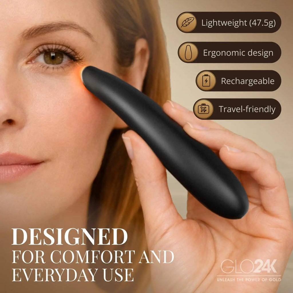 GLO24K UNLEASH THE POWER OF GOLD Eye Care Beauty Massager. For Radiant, Beautiful Skin Around Eyes.