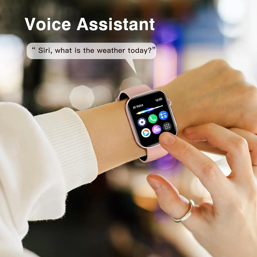 Pink smartwatch using AI voice assistant for weather query