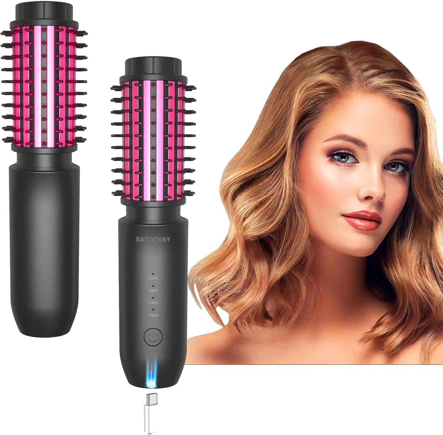 Cordless Curling Brush, Rechargeable Curling Iron Brush for Curl/Straighten Hair, Round Heated Brush with Negative Ionic, Mini Hot Comb Portable Travel Hair Curler for Women Hair Styling, Purple