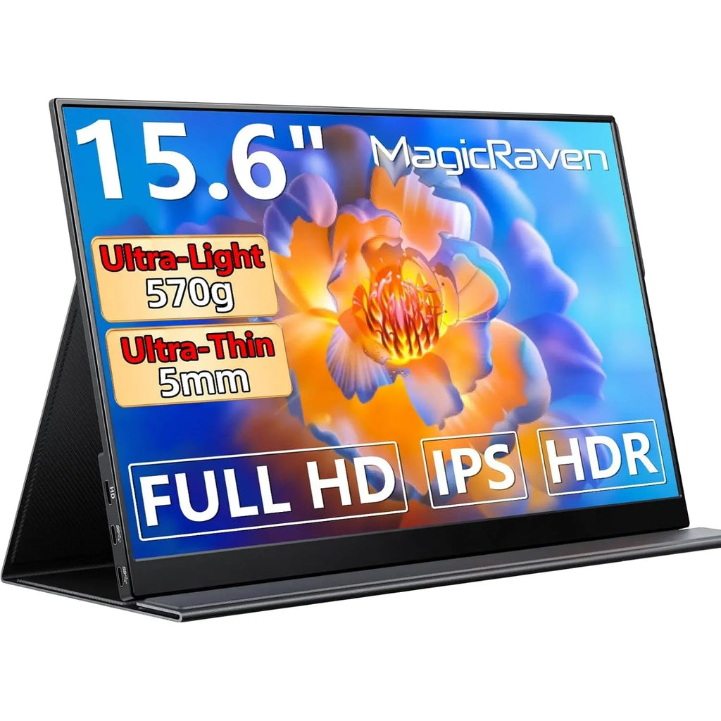 Front view of slim 5mm black MagicRaven 15.6 inch Full HD IPS portable travel monitor