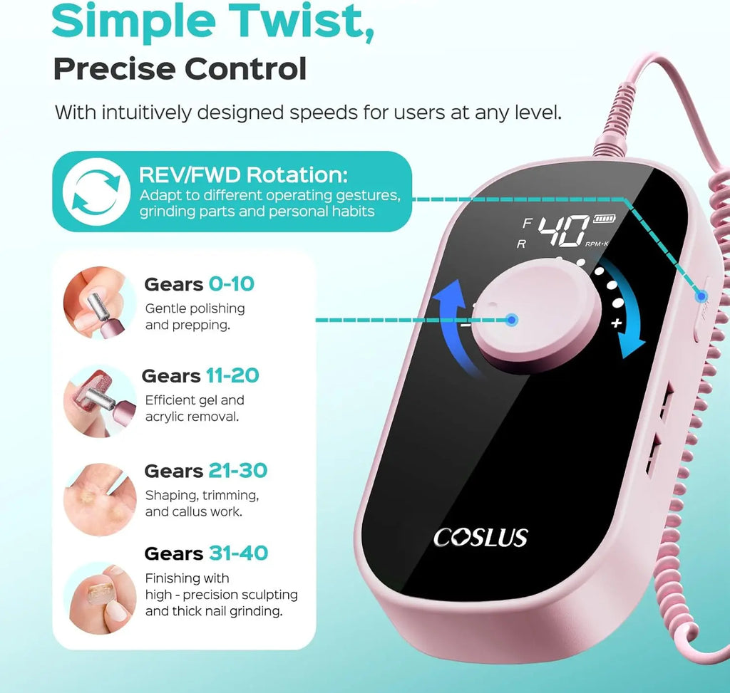 COSLUS handheld nail drill with 40-speed stepless adjustment and forward reverse control