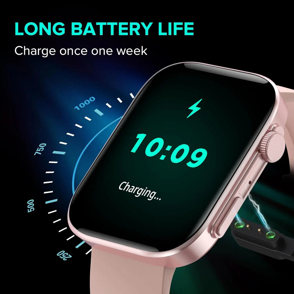 Pink smartwatch on magnetic charging dock with battery life graphic