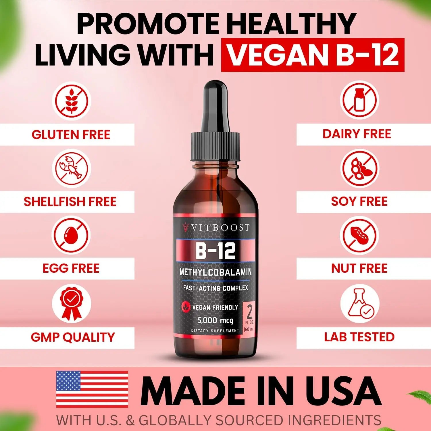 VITBOOST Vegan Liquid B-12 Drops – 60 x 5000 mcg Extra Strength Raspberry Flavored Vitamin B12 Liquid Methylcobalamin sublingual Supplement | Designed to Maximize Absorption & Energy | Gluten Free