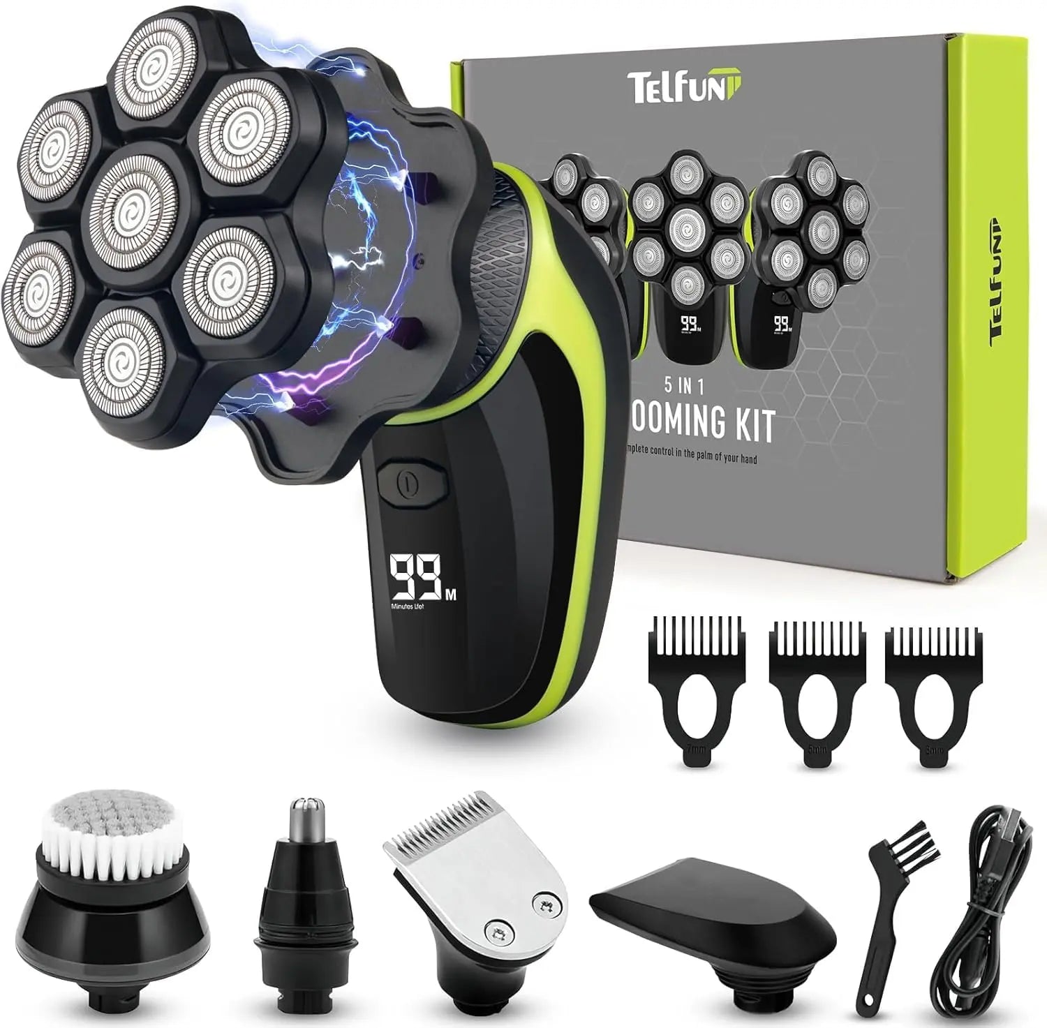 Telfun 7D Head Shavers for Bald Men, Detachable Head Shaver LED Display Dry/Wet Bald Head Shavers for Men, IPX7 Waterproof Head Shavers for Men with Type-C Charge