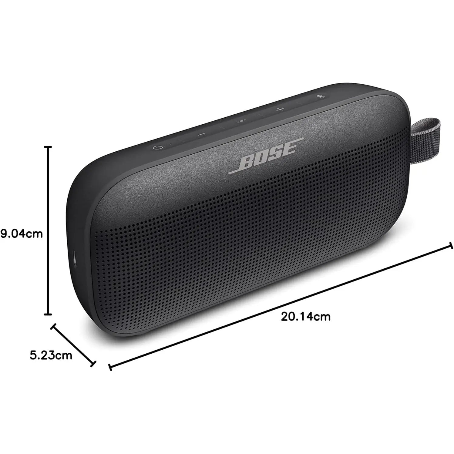 Black Bose SoundLink Flex speaker dimensions showing compact outdoor size