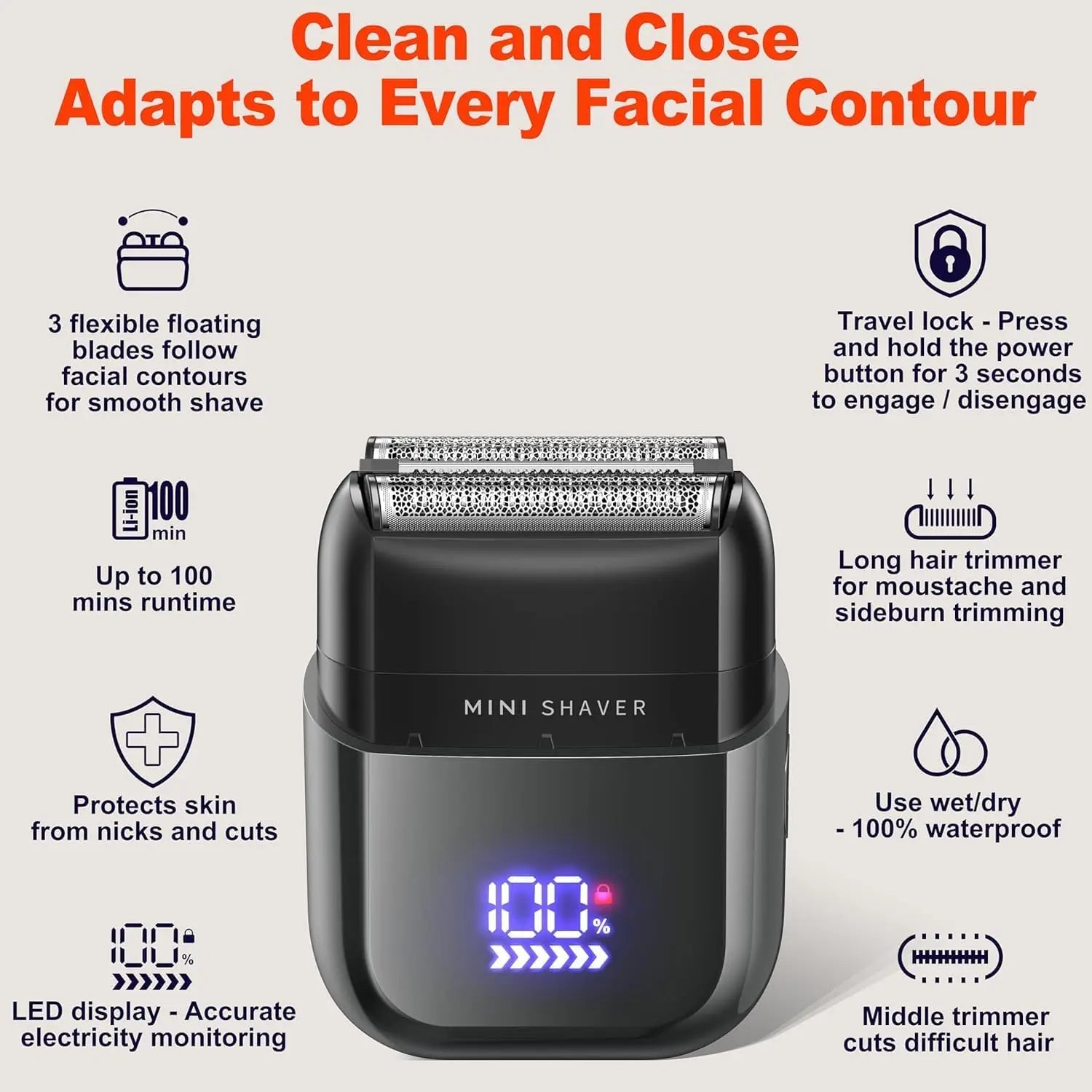 Telfun Mini Electric Foil Shavers for Men, Portable Men's Travel Facial Hair Groomer, USB-C Electric Beard Shaver with Full Body Waterproof & Big LED Display, Close Face Shaver for Head, Beard, & Neck
