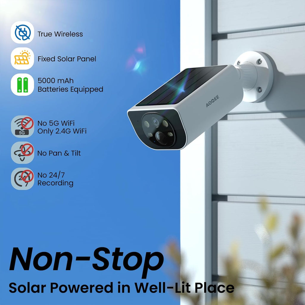 AOQEE Security Camera Outdoor Wireless Solar - 2K CCTV Camera Systems, Battery Operated Home/House Security, PIR Detection, IP65, Colour Night Vision, SD card/Cloud Storage, Works with Alexa S1