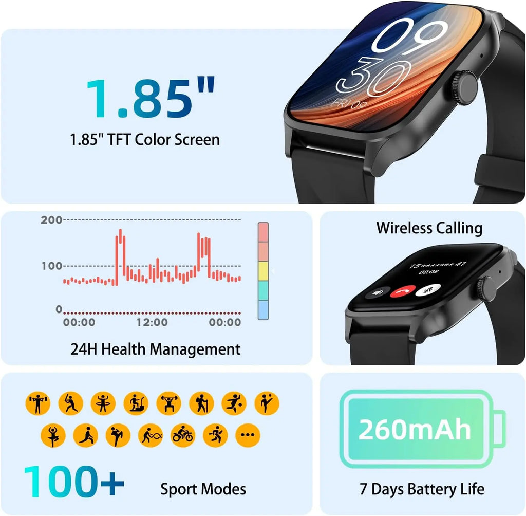Weofly black smartwatch highlighting wireless calling and health tracking features