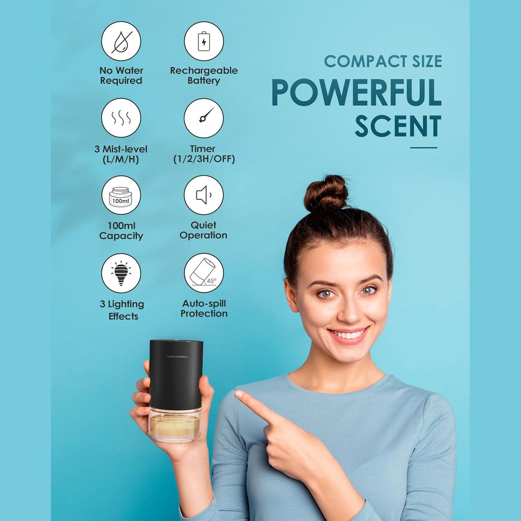 Airversa Essential Oil Diffuser Waterless Aromatherapy Diffusers for Home Large Room, Bedroom, Car, Office, Desk, Battery Operated, Small Diffuser for Pure Scent, 100ml Capacity, AN9 (Ice Blue)