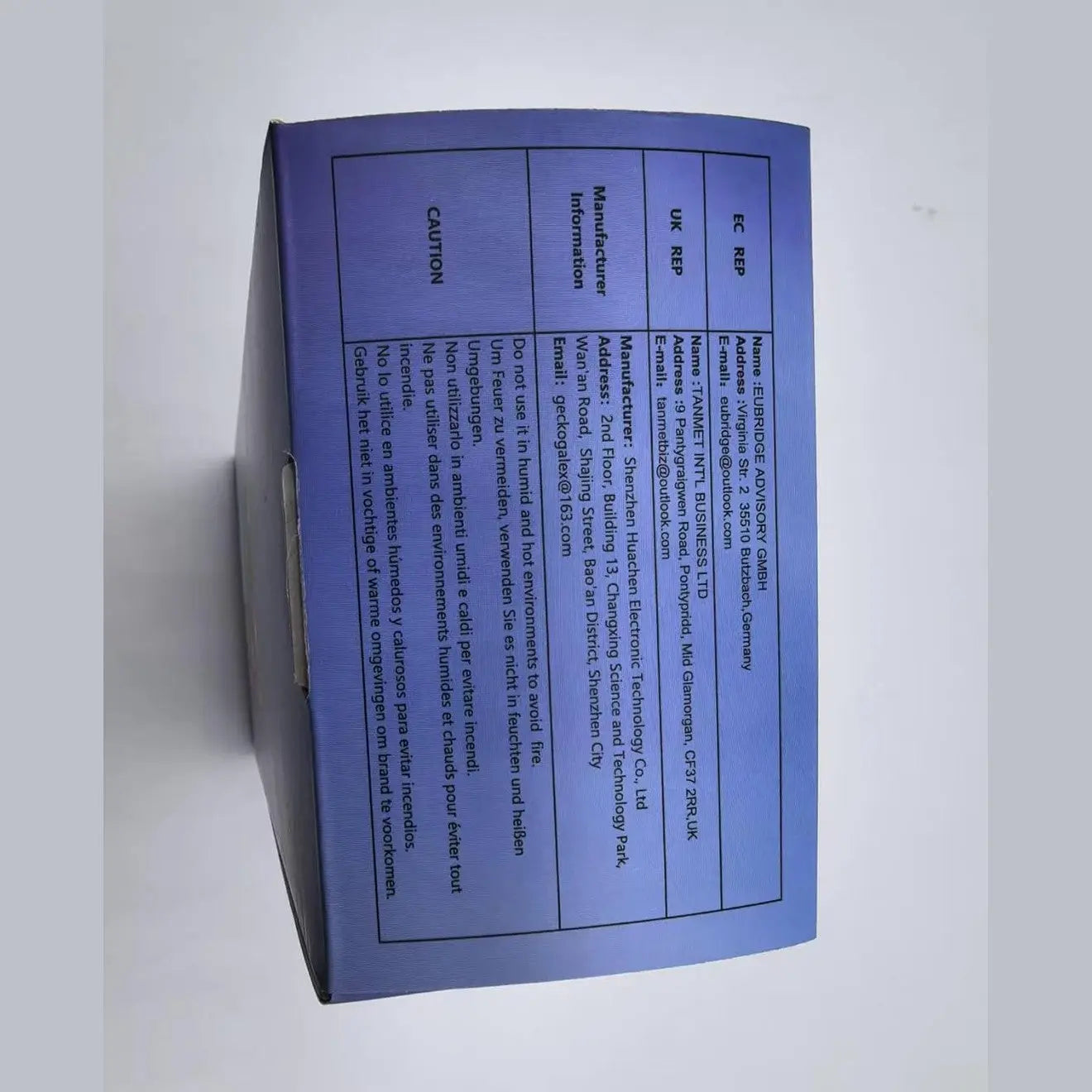Jadfezy action camera purple box back panel with manufacturer info and safety warnings